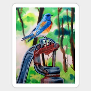 Eastern Bluebird On Rusty Pump Watercolor Print Sticker